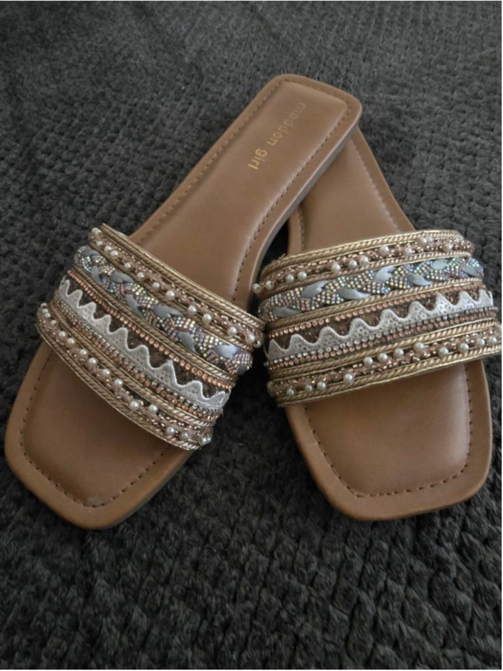 Madden Girl Brown Gold Beaded Multitone Embellished Slide Sandals Size 10 Boho